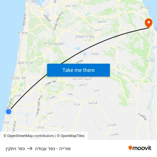 כפר ויתקין to פורייה - כפר עבודה map