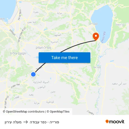 מעלה עירון to פורייה - כפר עבודה map