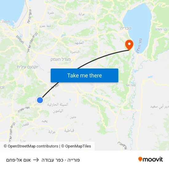 אום אל-פחם to פורייה - כפר עבודה map