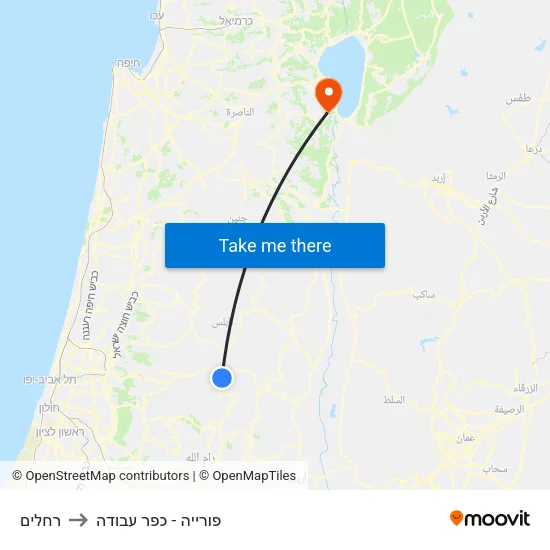 רחלים to פורייה - כפר עבודה map