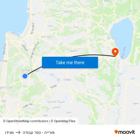 מגידו to פורייה - כפר עבודה map