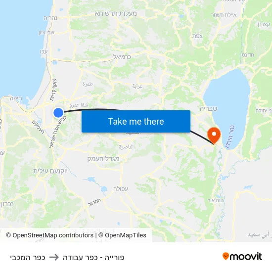 כפר המכבי to פורייה - כפר עבודה map