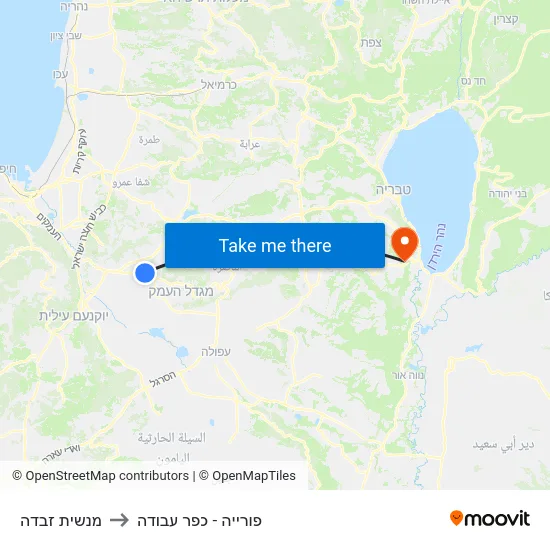 מנשית זבדה to פורייה - כפר עבודה map