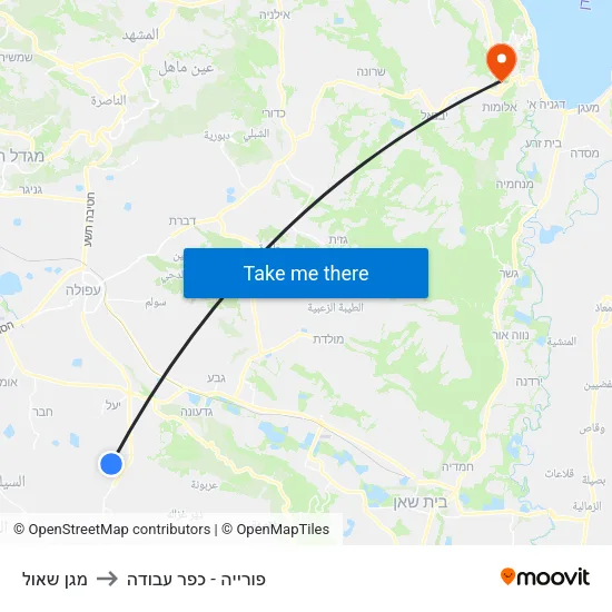 מגן שאול to פורייה - כפר עבודה map