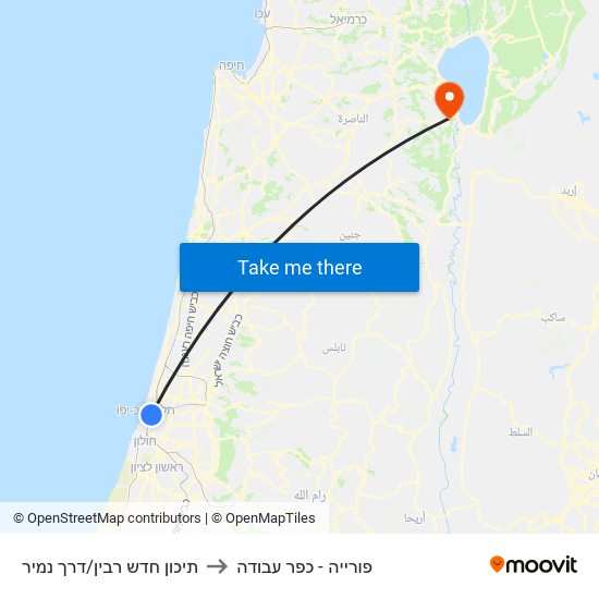 תיכון חדש רבין/דרך נמיר to פורייה - כפר עבודה map