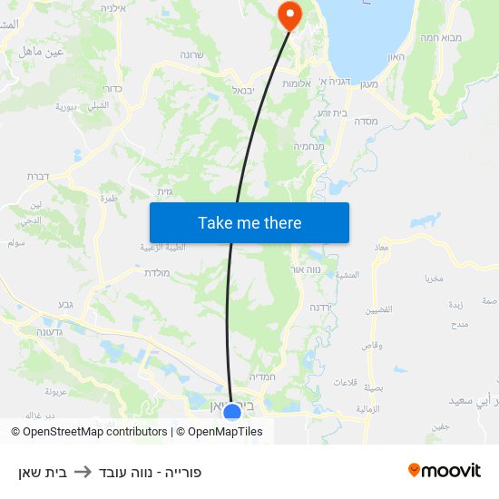 בית שאן to פורייה - נווה עובד map