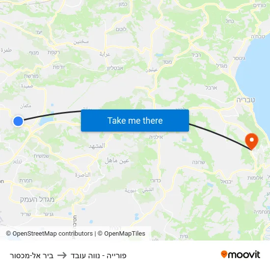 ביר אל-מכסור to פורייה - נווה עובד map