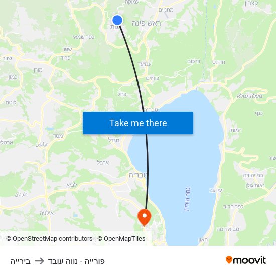 בירייה to פורייה - נווה עובד map