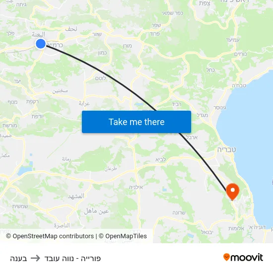 בענה to פורייה - נווה עובד map