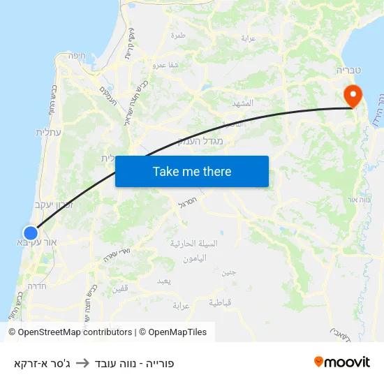 ג'סר א-זרקא to פורייה - נווה עובד map