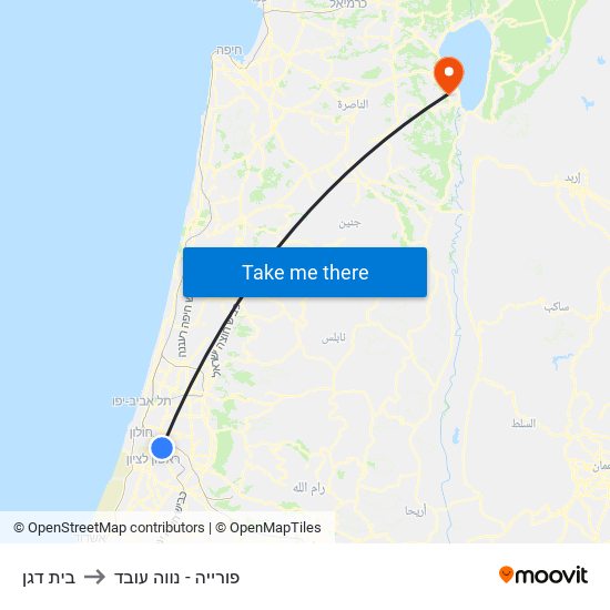 בית דגן to פורייה - נווה עובד map