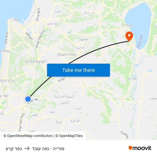 כפר קרע to פורייה - נווה עובד map