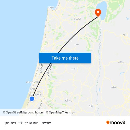 בית חנן to פורייה - נווה עובד map