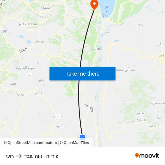 רועי to פורייה - נווה עובד map