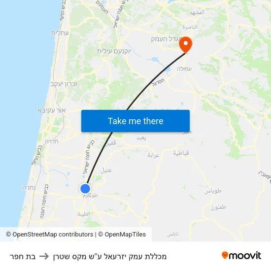 בת חפר to מכללת עמק יזרעאל ע''ש מקס שטרן map