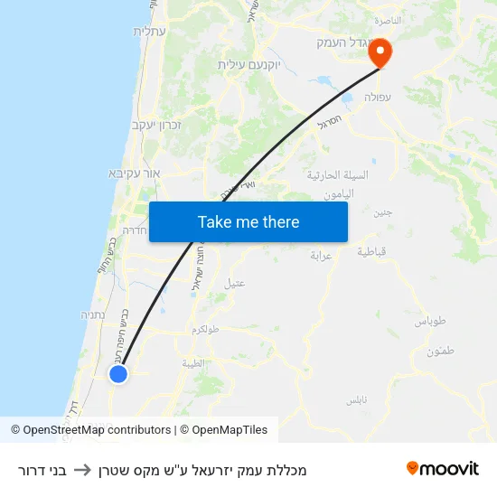בני דרור to מכללת עמק יזרעאל ע''ש מקס שטרן map