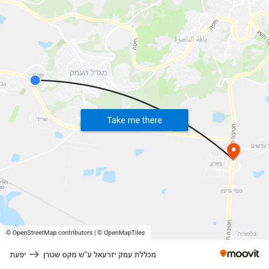 יפעת to מכללת עמק יזרעאל ע''ש מקס שטרן map