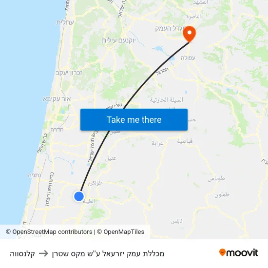 קלנסווה to מכללת עמק יזרעאל ע''ש מקס שטרן map