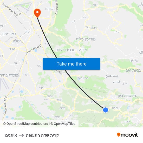 איתנים to קרית שדה התעופה map