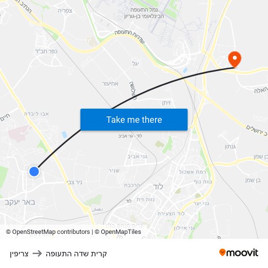 צריפין to קרית שדה התעופה map