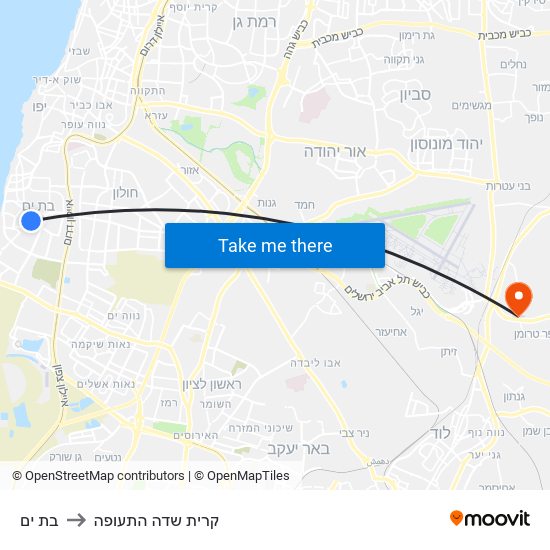 בת ים to קרית שדה התעופה map