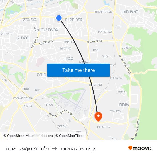 בי''ח בלינסון/גשר מבצע ארנון to קרית שדה התעופה map