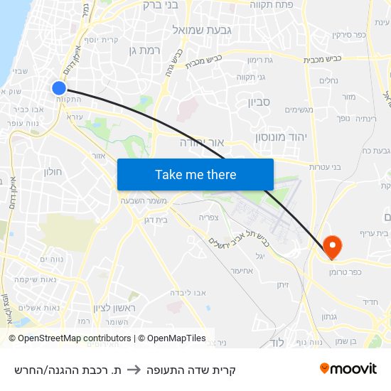 ת. רכבת ההגנה/החרש to קרית שדה התעופה map