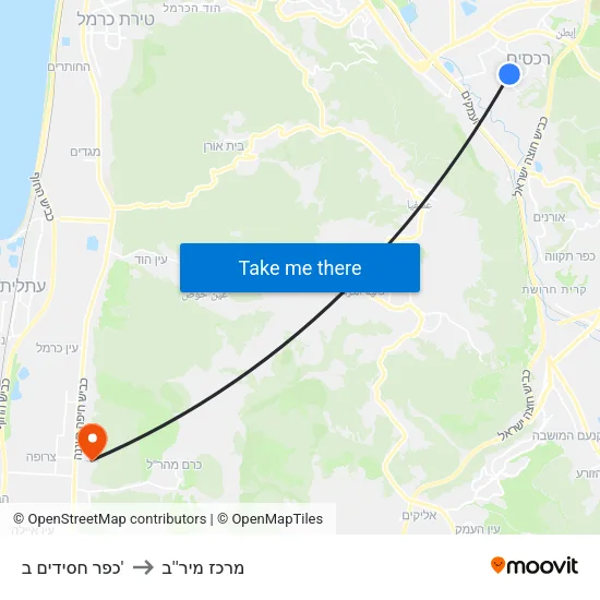 כפר חסידים ב' to מרכז מיר''ב map