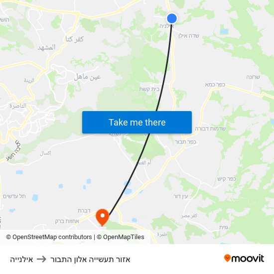 אילנייה to אזור תעשייה אלון התבור map