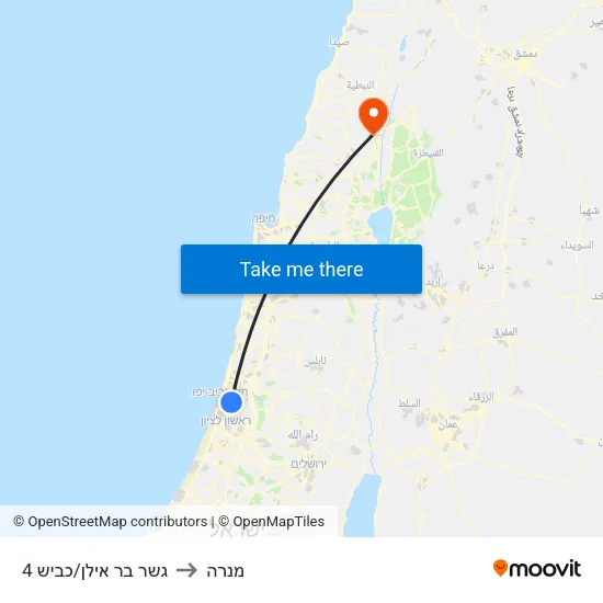 גשר בר אילן/כביש 4 to מנרה map