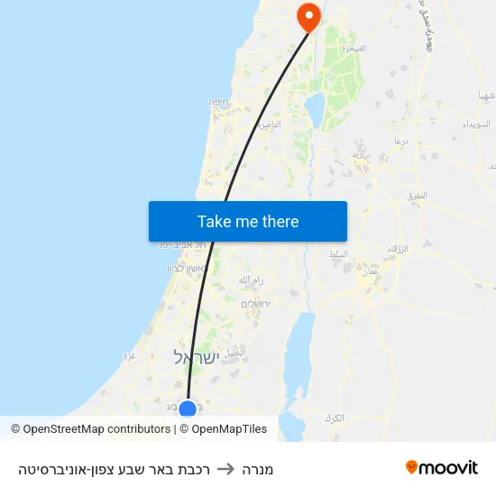 רכבת באר שבע צפון-אוניברסיטה to מנרה map