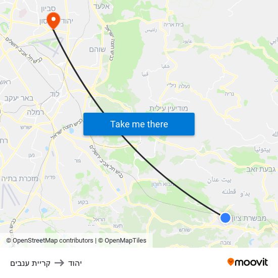 קריית ענבים to יהוד map