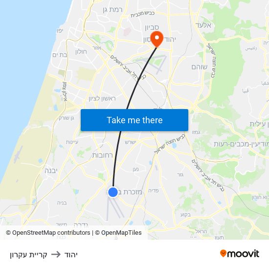 קריית עקרון to יהוד map