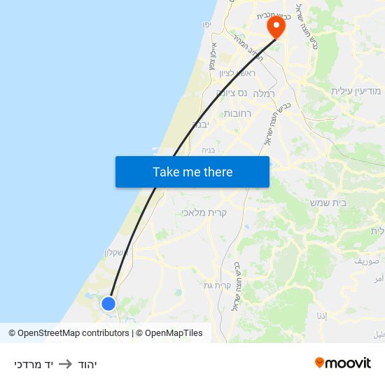 יד מרדכי to יהוד map