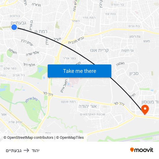 גבעתיים to יהוד map