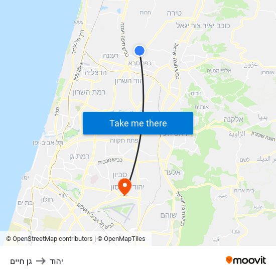 גן חיים to יהוד map