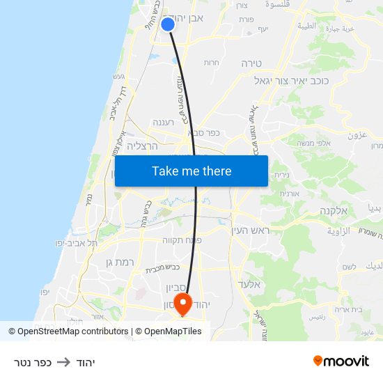 כפר נטר to יהוד map