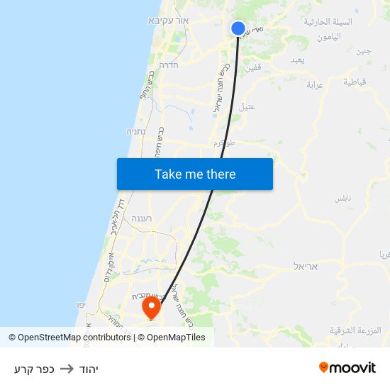 כפר קרע to יהוד map