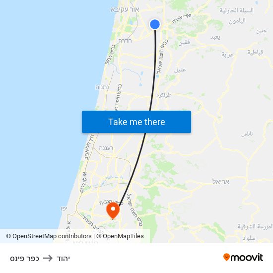 כפר פינס to יהוד map