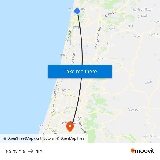 אור עקיבא to יהוד map