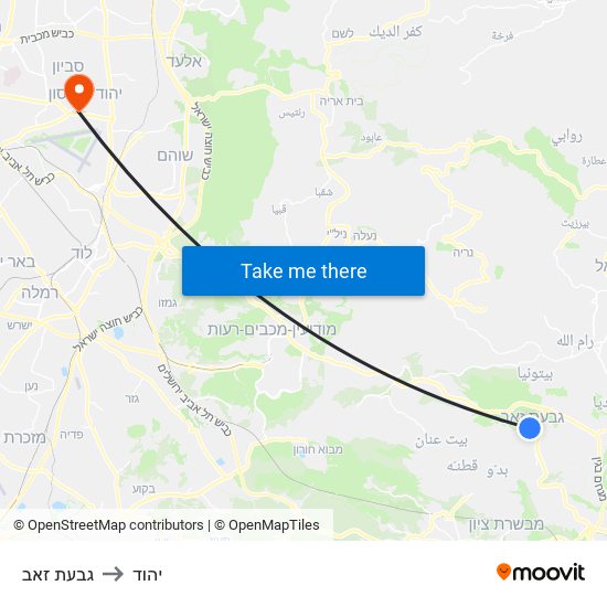 גבעת זאב to יהוד map