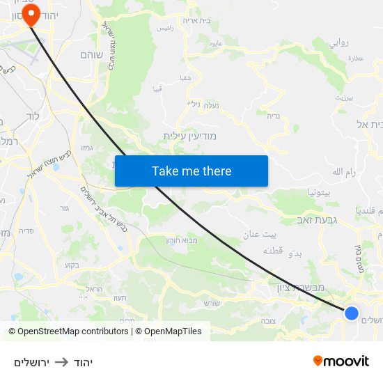 ירושלים to יהוד map