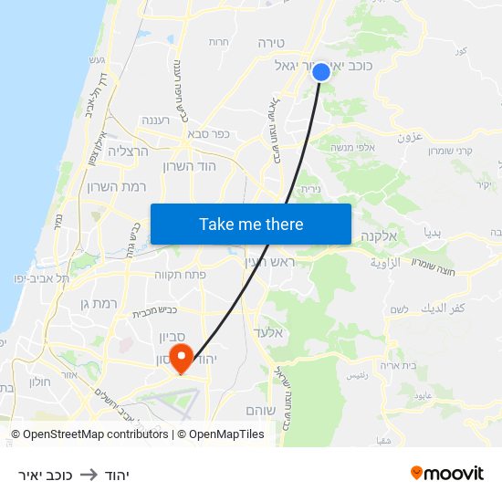 כוכב יאיר to יהוד map