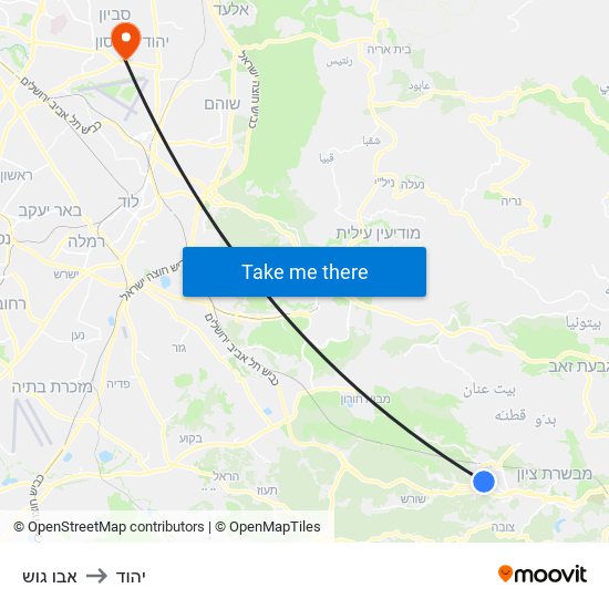 אבו גוש to יהוד map