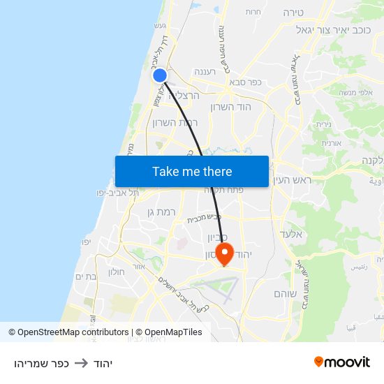 כפר שמריהו to יהוד map