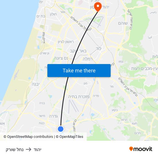 נחל שורק to יהוד map