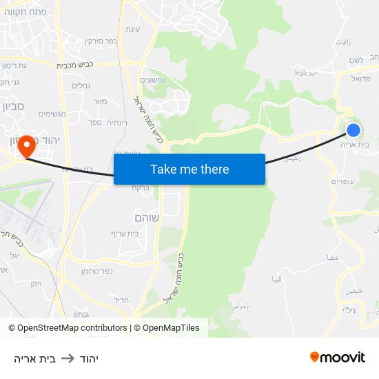 בית אריה to יהוד map