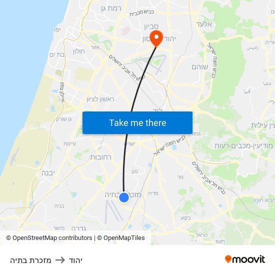 מזכרת בתיה to יהוד map