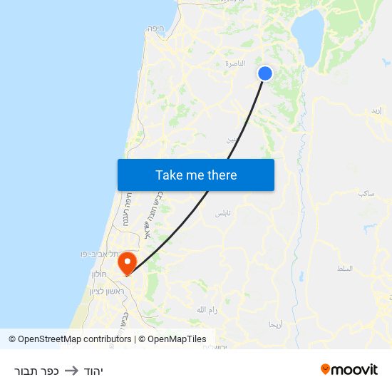 כפר תבור to יהוד map