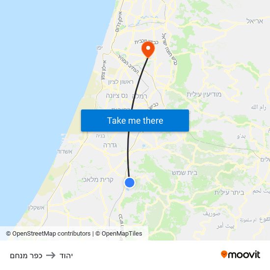 כפר מנחם to יהוד map